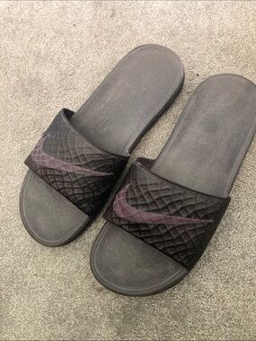Nike Black Slides with Purple Swoosh Accent